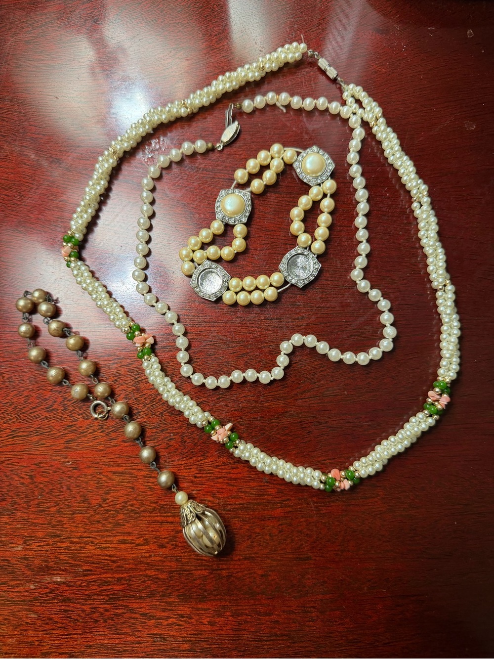 Pearl and Bead Multi-Strand Necklace Set in Cream and Green